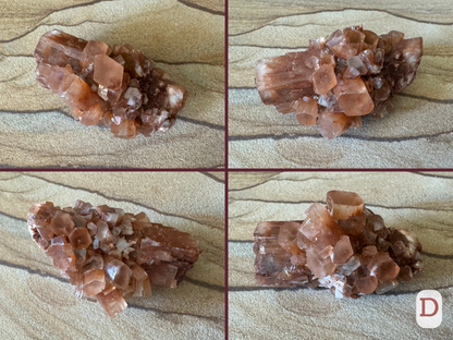 Option D, four views of a large aragonite barrel crystal with clusters of smaller crystals sticking out from it all around the middle. One end of the large crystal is broken, as are some of the smaller crystals.