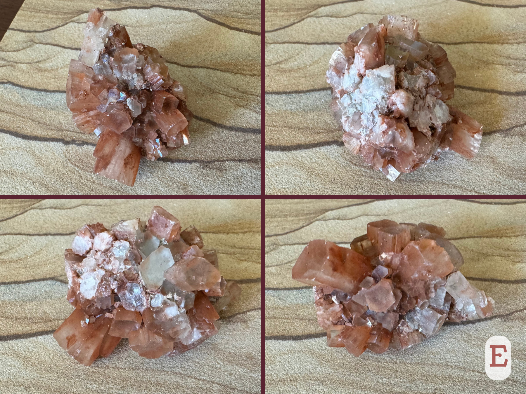 Option E, four views of a bunchy oval sputnik aragonite with one big crystal sticking out and broken crystals on the other side. The crystals have a flattened hexagonal shape, and some are a light gray color instead of red-brown.