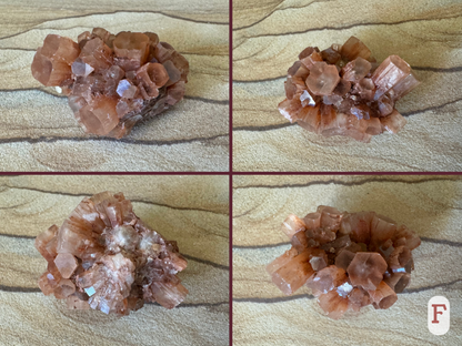 Option F, four views of a bunchy oval sputnik aragonite with broken crystals on one side. The rest has short well-formed crystals with good clarity.